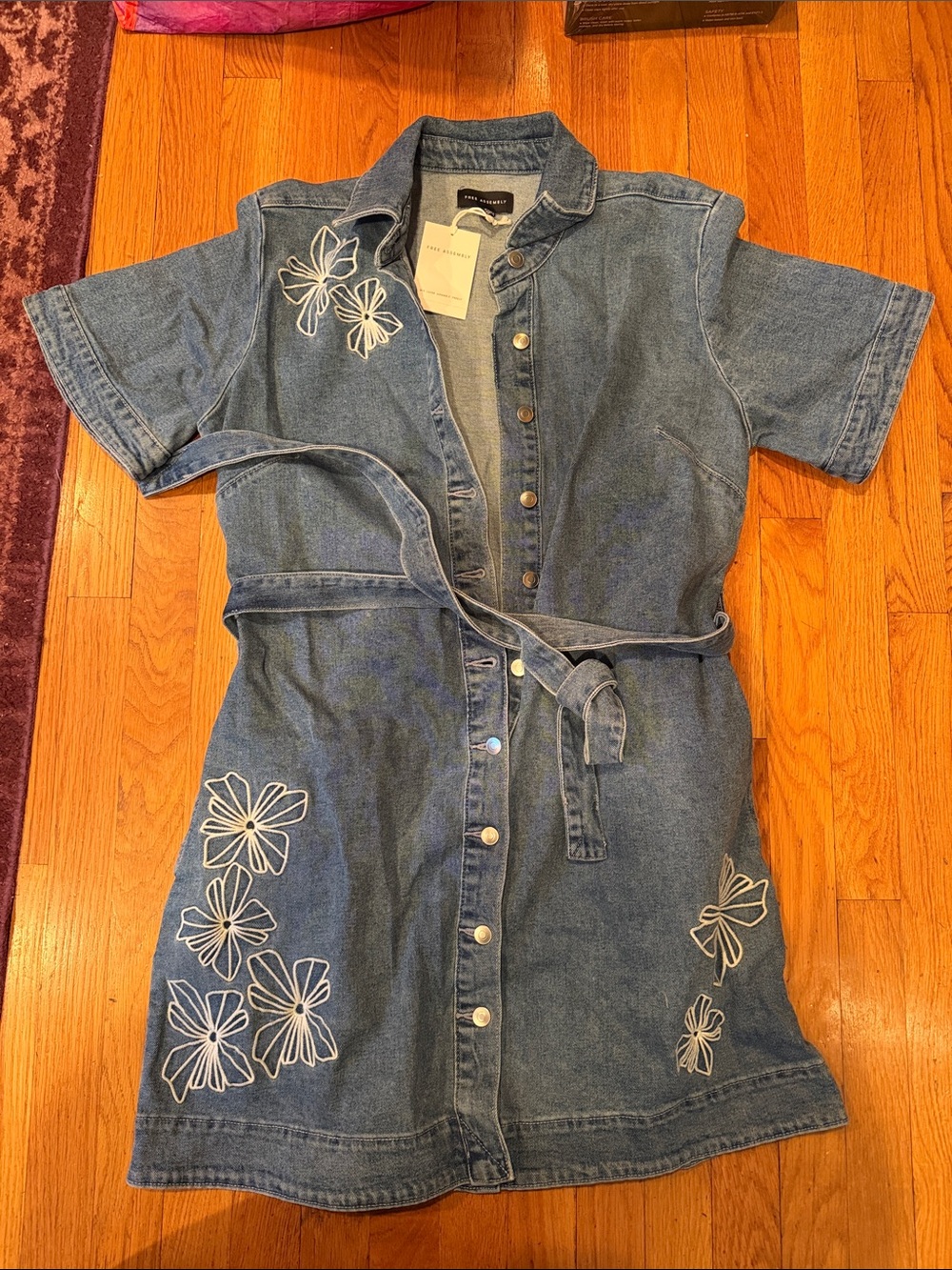 Denim Shirt Dress with White Floral Embroidery